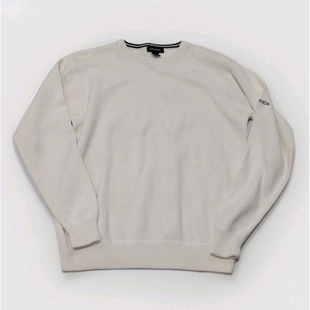 Nautica Size Large Cream Crew Neck Hidden Monogram Cotton Sweater Nauti Preppy